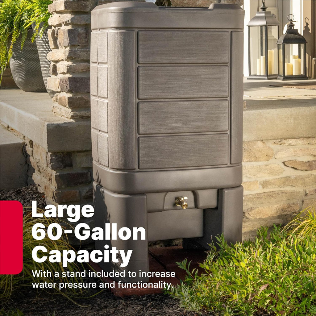 Lakewood Rain Barrel with Stand, Outdoor Water Conservation Container, Holds 60 Gallons, Brown