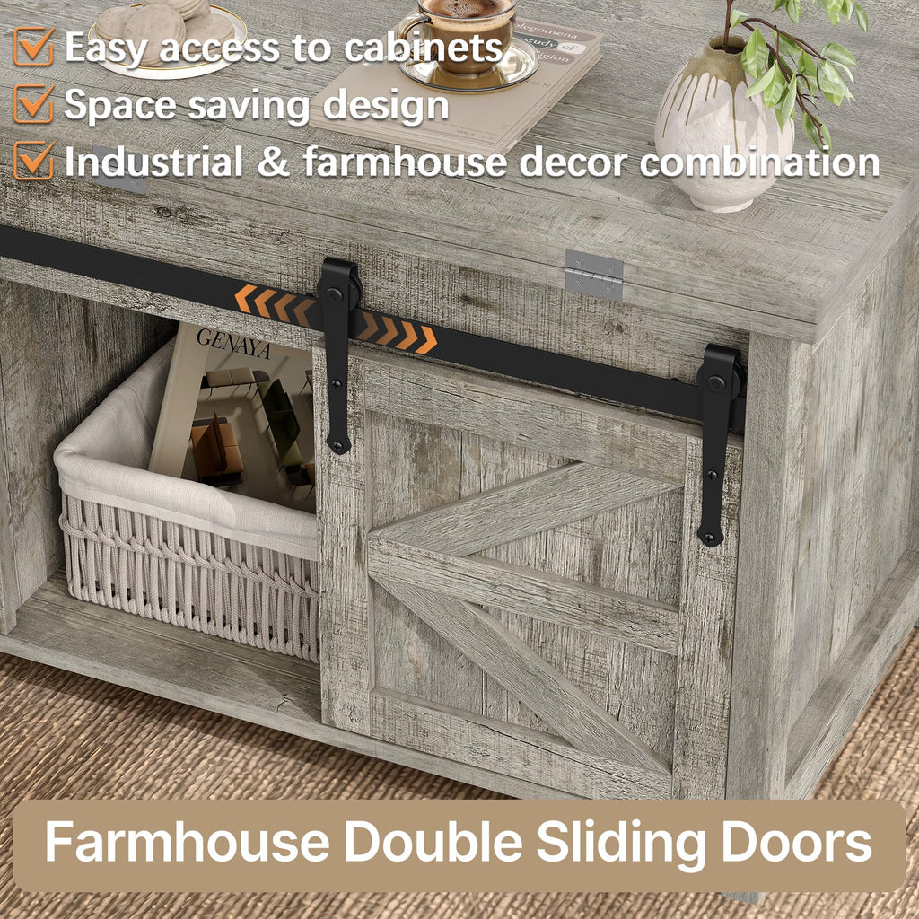 Lift Top Coffee Table with Storage, 4 in 1 Multi-Function Farmhouse Wood Coffee Table with Sliding Barn Doors, Center