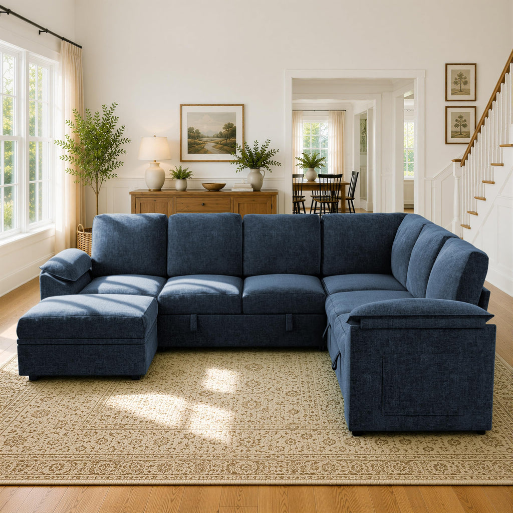 108 inch Modular Sectional Sleeper Sofa with Pull Out Bed, Blue