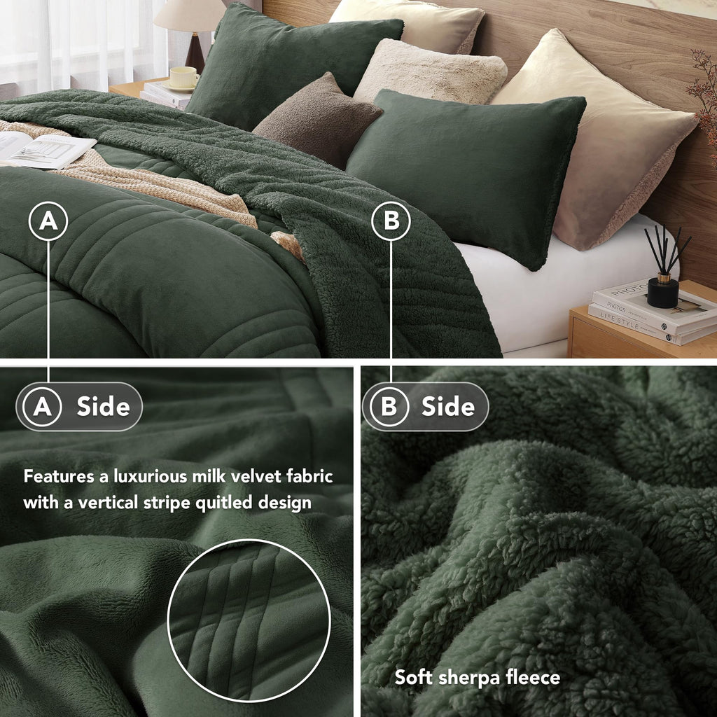 Comforter Sets Sherpa Fuzzy Bedding 3 Pieces, Deep Forest