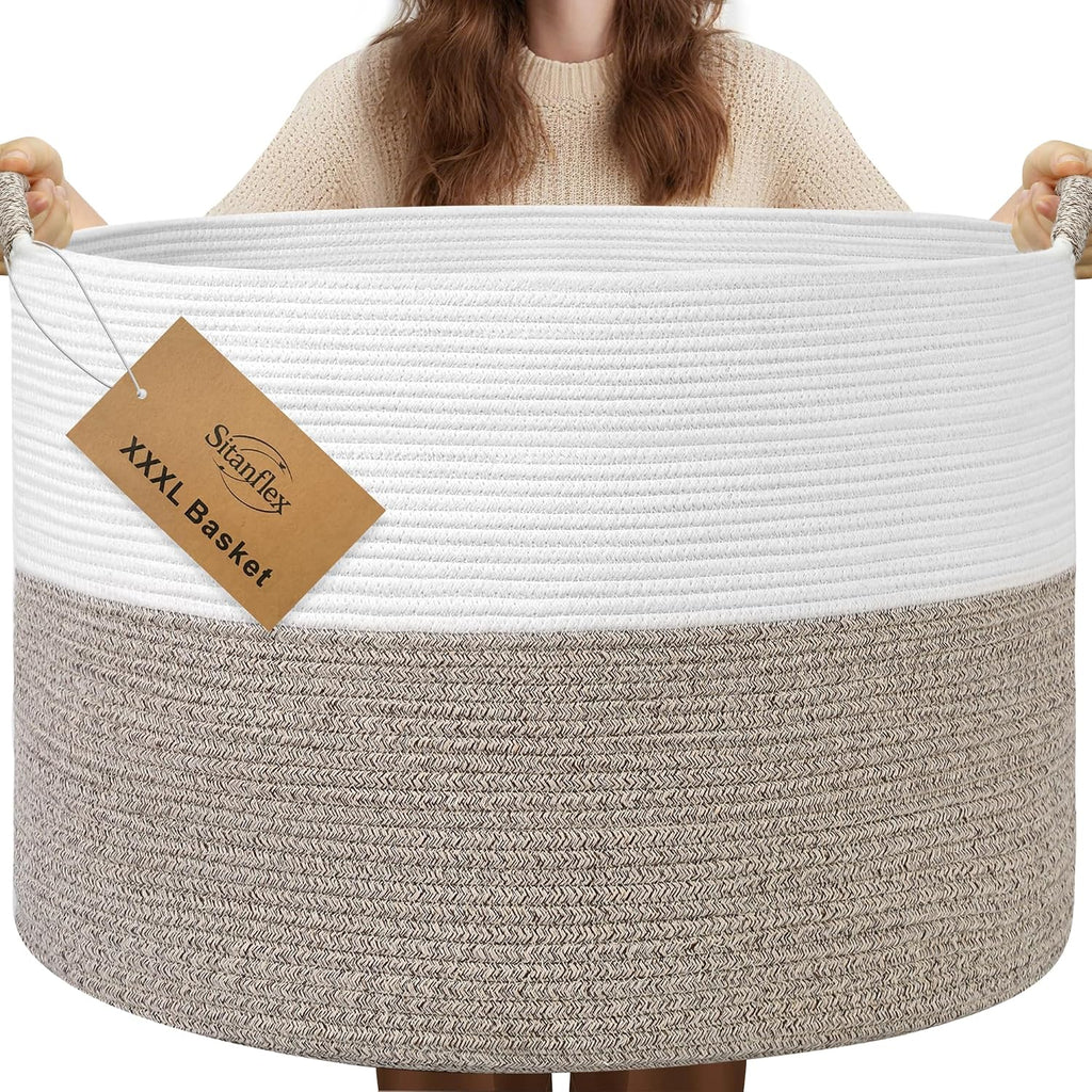 Large Blanket Basket , 21.7" x 13.8" Woven Cotton Rope Laundry Hamper for Pillows, Towels & Toy Storage - Decorative