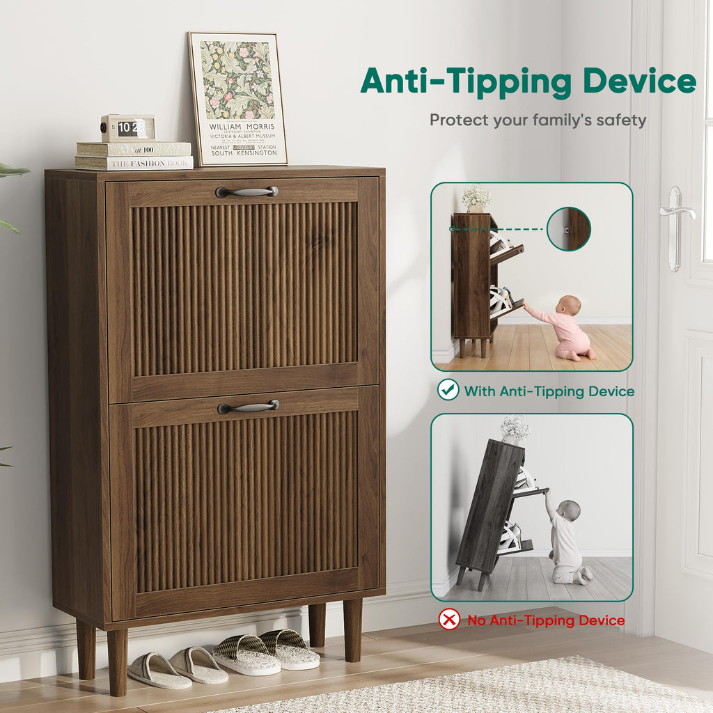 Walnut Shoe Cabinet with 2 Flip Drawers, 23.6" Hidden Shoe Storage Cabinet with Small Fluted Doors, Freestanding Shoe
