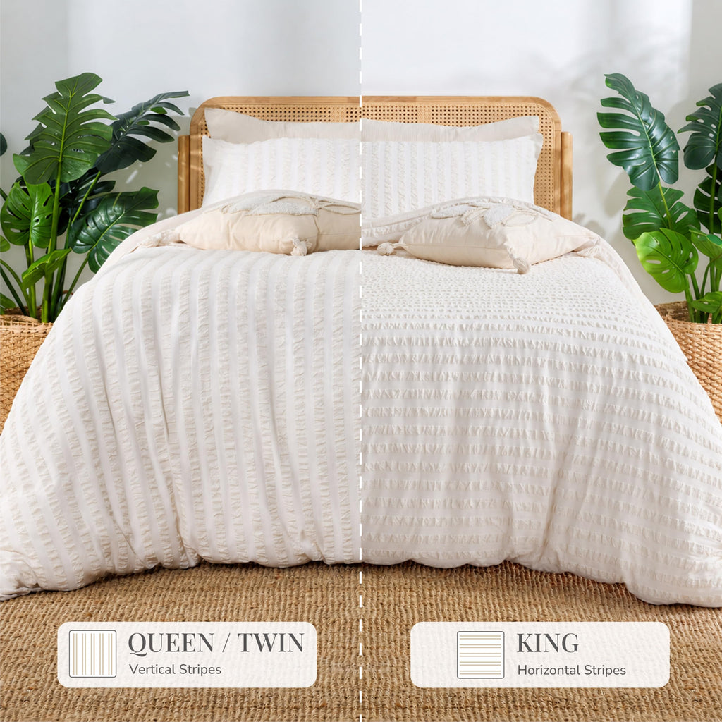 Seersucker Duvet Cover 3 Pieces Cream Gray
