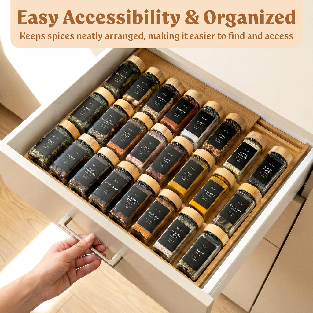 Bamboo Spice Drawer Organizer, Expandable 4 Tier Spice Rack