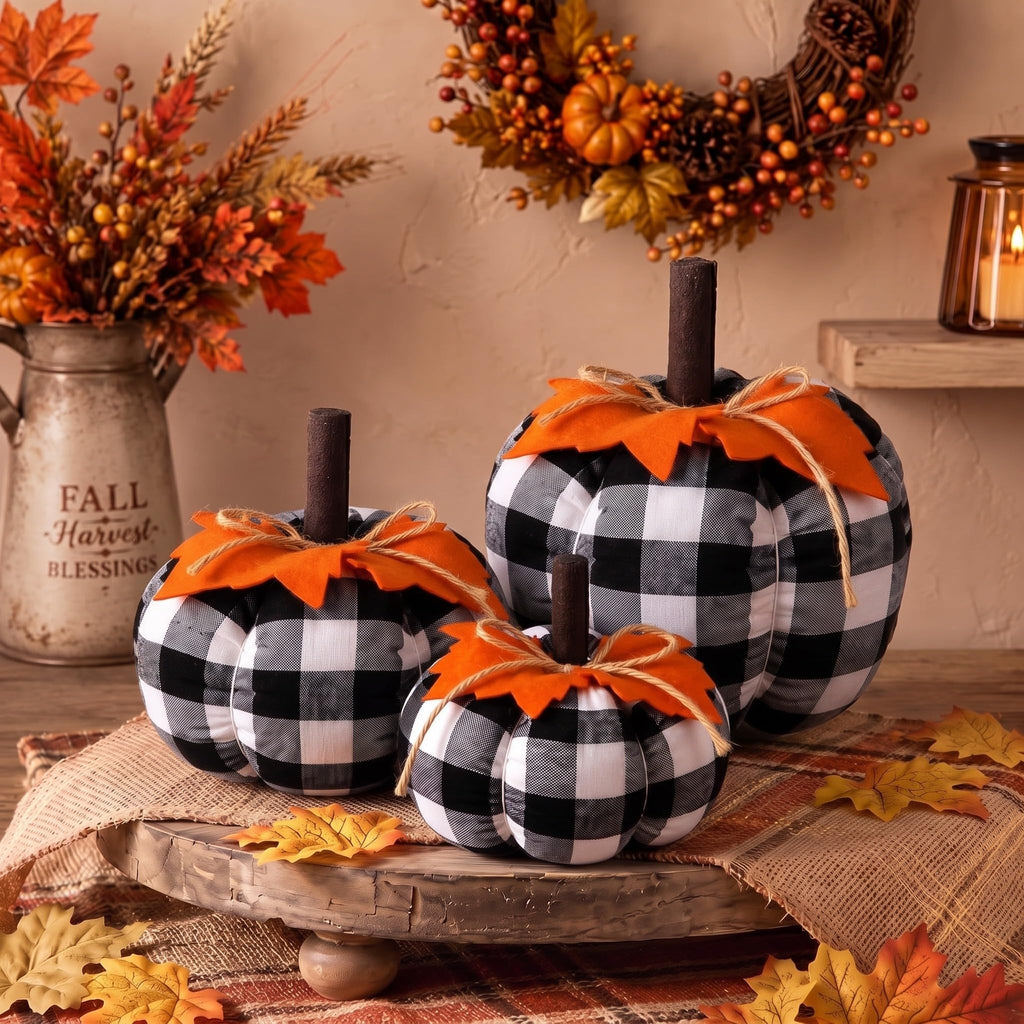 3 Pcs Fall Pumpkins Decor Black White Pumpkins with Orange Leaves
