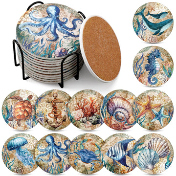 12 Pcs Ceramic Coasters with Holder, Cork Backing, Beach Theme