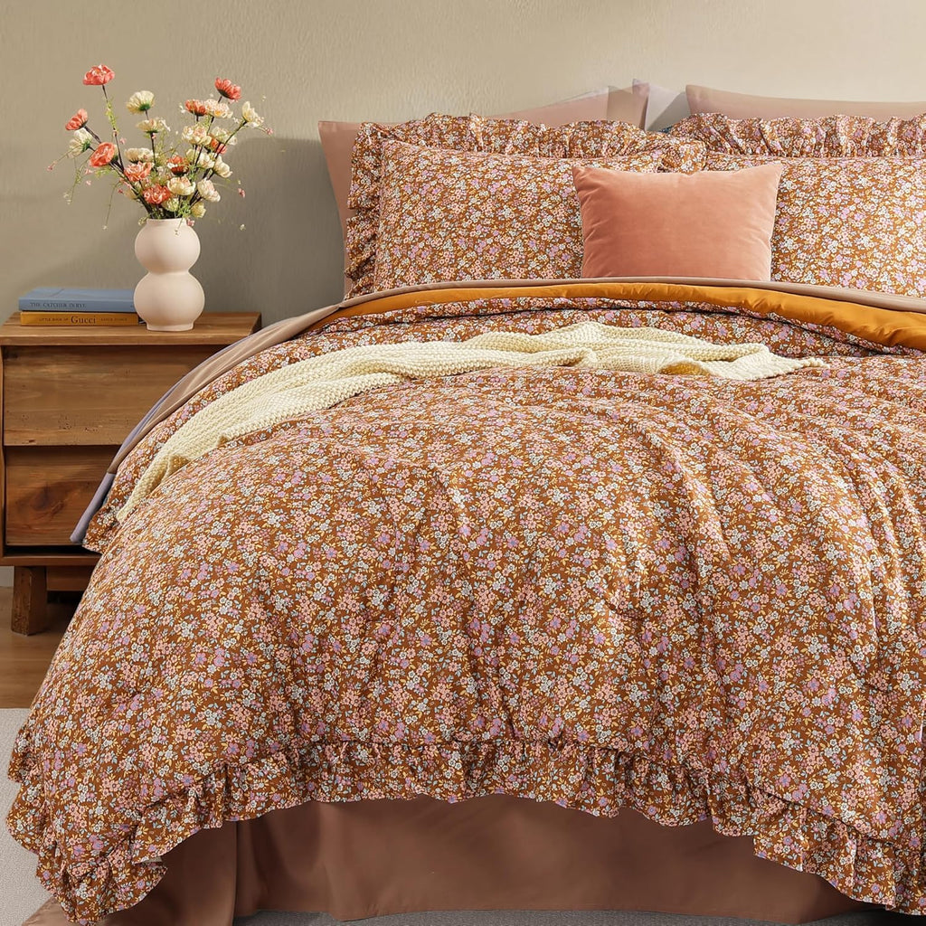 Queen Comforter Set - 7 Pieces Ruffle Brown Bedding Sets, Shabby Chic Farmhouse Bed in a Bag with Ruffle Comforter