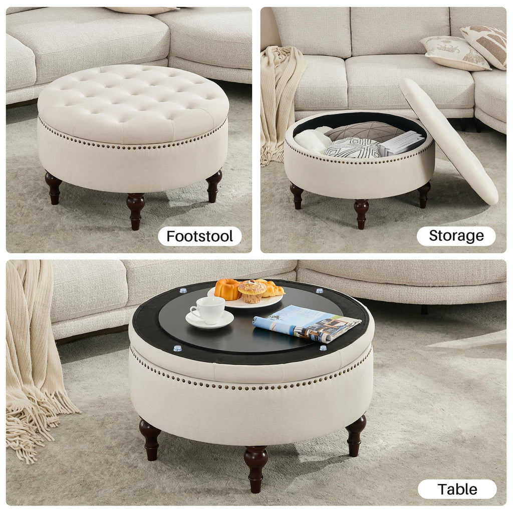 31.5" Round Storage Ottoman, Tufted Linen Coffee Table, Beige