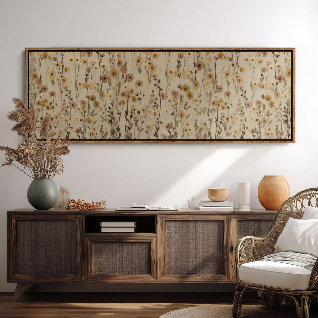 Large Framed Wall Art Canvas Print - Vintage Neutral Wildflower Pressed Botanical Bedroom Office - 60"x20" Natural