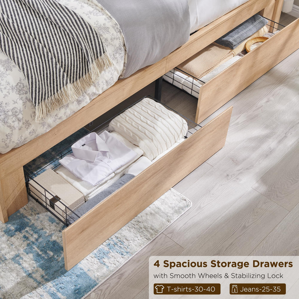 Arched King Size Bed Frame Modern with 4 Drawers, Natural Oak