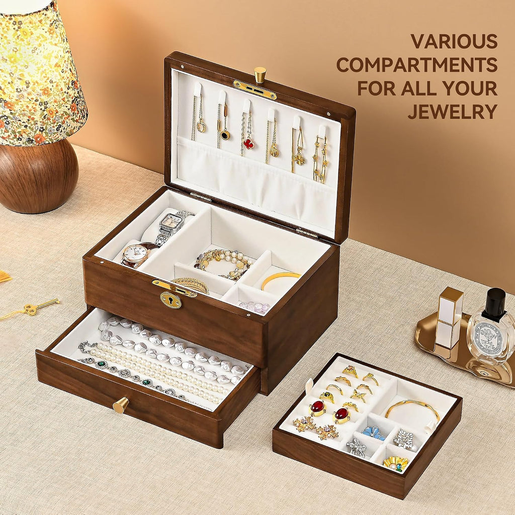 Black Walnut Jewelry Box for Women, 3 Layer Top Lock Wooden Organizer Case