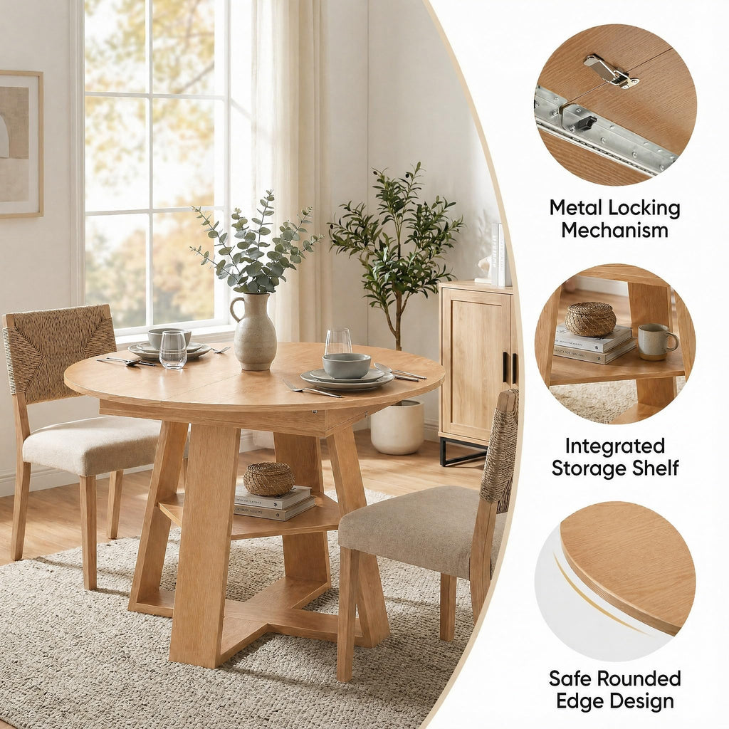 Extendable Round Dining Table for 4-6, 43.3"-59" Round to Oval Kitchen Table with Storage Shelf, Mid-Century Modern &