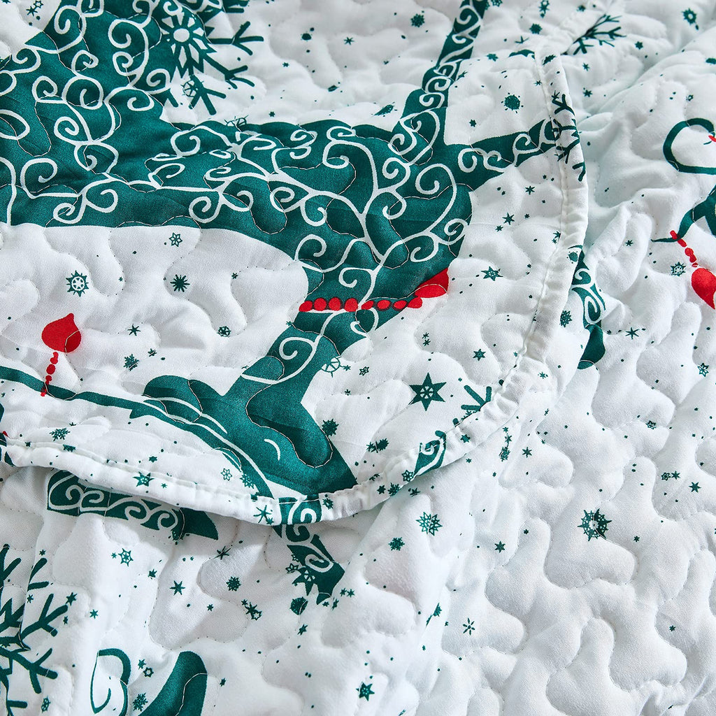 Christmas Bedspread King Size, Green Reindeer Quilt Bedding Set