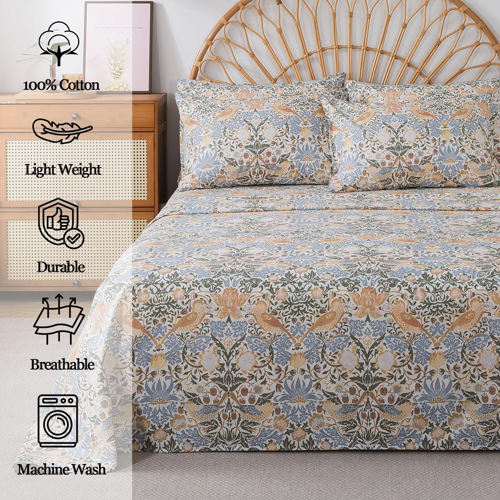100% Cotton 4-Piece Floral Bed Sheet Set in Blue & Sage Green, Vintage Fall Botanical Bird Bedding