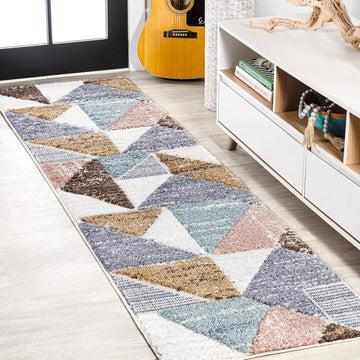 Colorblock Carved High-Low Multi Runner Rug 2X8 ft, Aileen Geometric Scandi, Easy-Cleaning, High Traffic