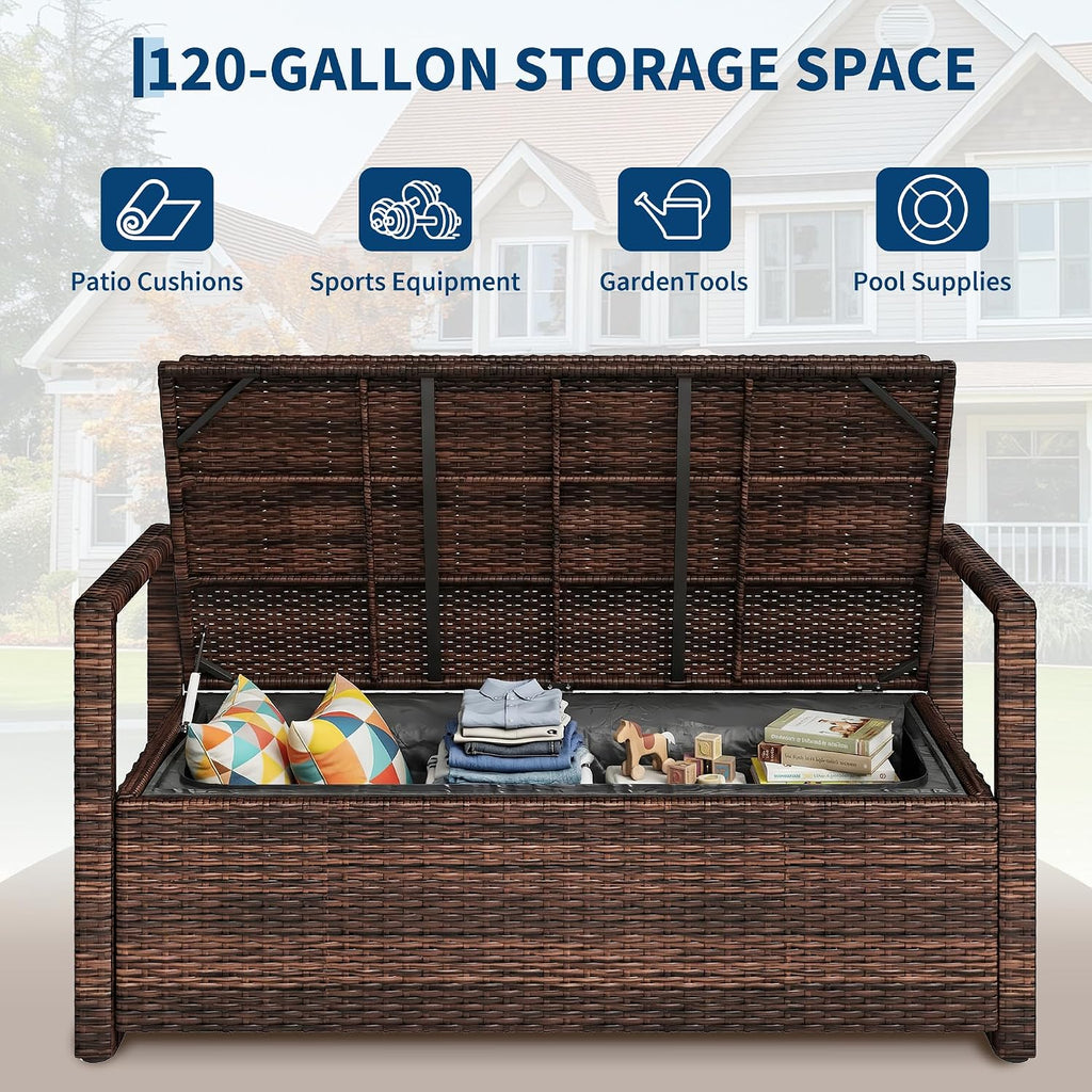 75 Gallon Outdoor Storage Bench with Cushion, 2-Seater PE Rattan Patio Storage Box with Backrest & Armrests