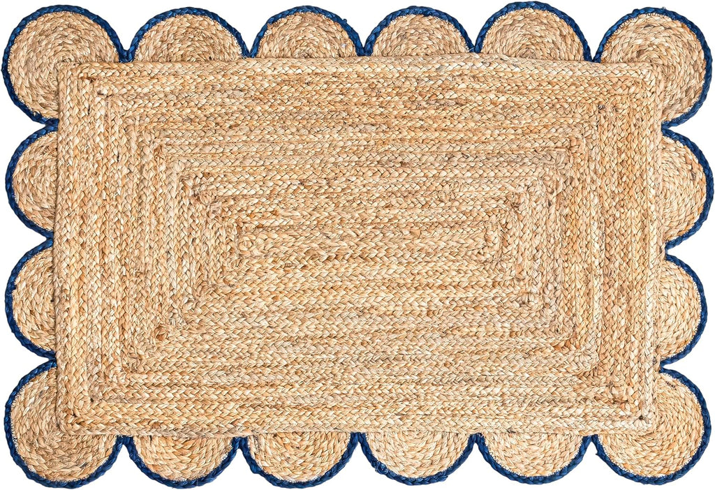 Scalloped Natural Jute Area Rug, Navy Trim, 2x3