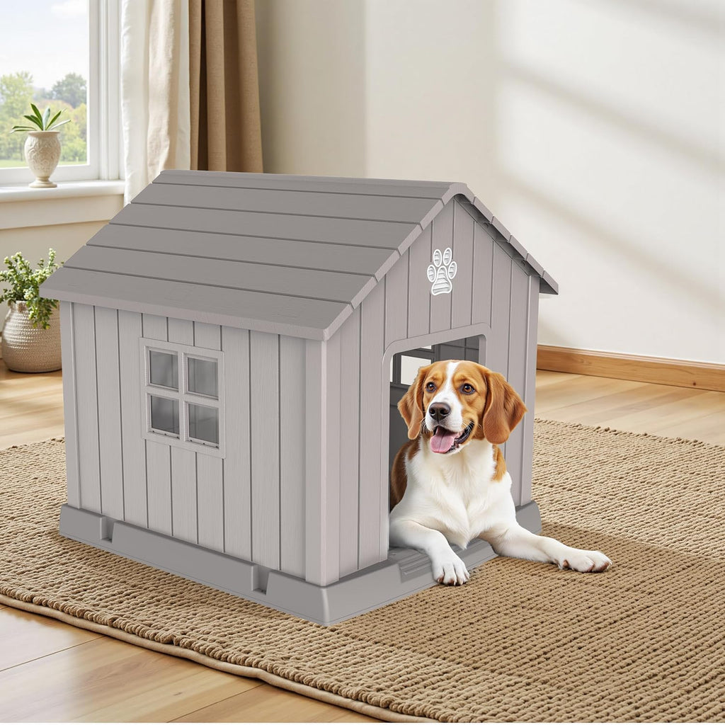 32in Large Outdoor Dog House, Durable Water Resistant Resin Dog House, Doghouse for Small to Large Dogs Indoor or
