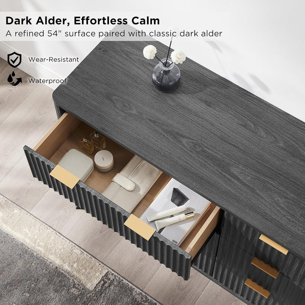 54" Wide Fluted 6 Drawer Dresser , Dark Walnut | Mid Century Modern, Curved Profile, Metal Handles, Anti-tip Kit