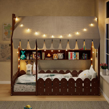 Kids Wood Floor House Bed with Fence and Storge Shelves