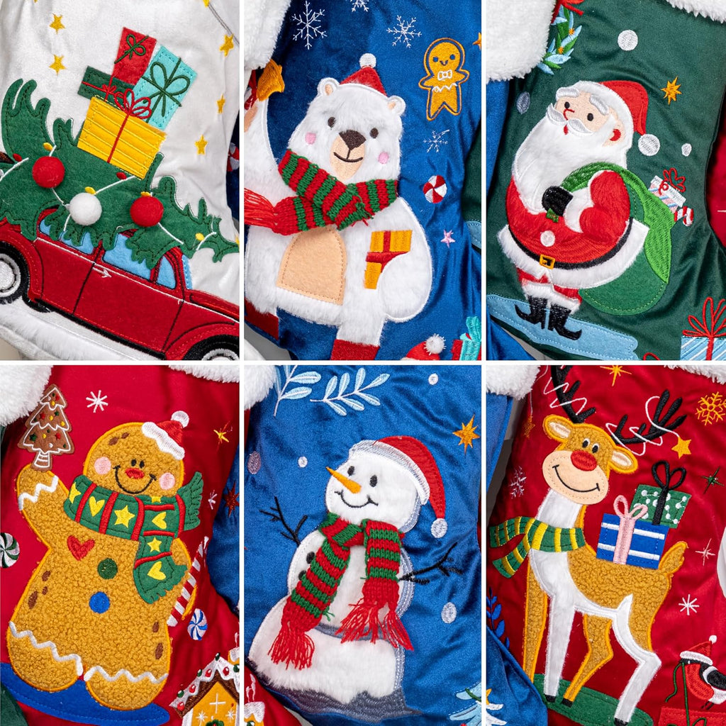 Christmas Stocking 5 Pack Green Blue Red Velvet Embroidery Pattern Soft Faux Fur for Family Decorations Hanging