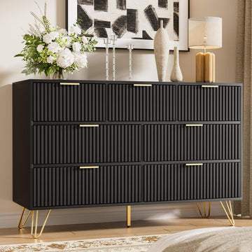 Black 7 Drawer Fluted Dresser with Gold Handles