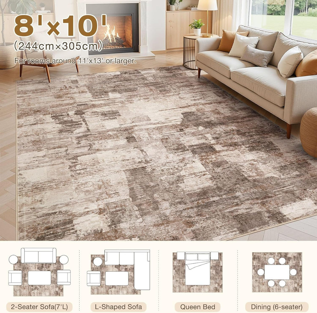 8x10 Washable Area Rug - Abstract Soft Non-Slip Modern Low-Pile Carpet
