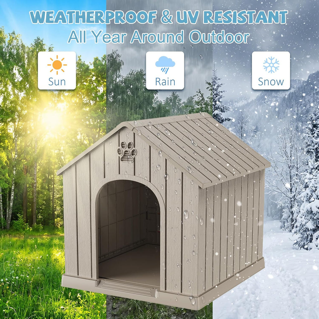 43Inch Large Dog House Outdoor, Waterproof Resin Dog Kennel Shelter Indoor