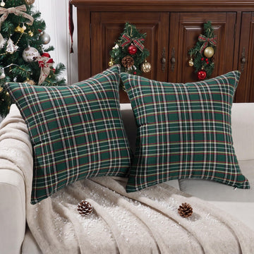 Green Christmas Tartan Plaid Decor Throw Pillow Covers 20x20 Set of 2