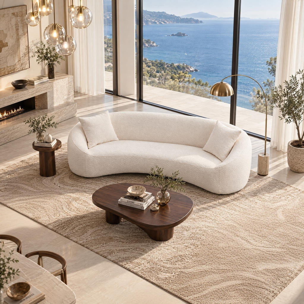 93.31" Curved Sofa Couch, Oversized 3-Seater, Boucle Couch with 2 Pillows