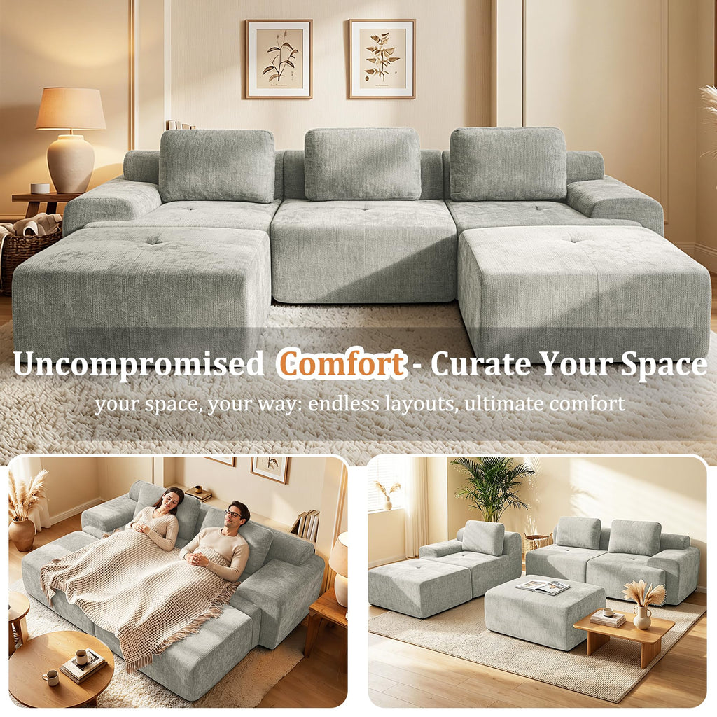 196" U Shaped Oversized Boneless Couch, Comfort Cloud Sectional Couches, Modular Sofa High Back & Extra Deep Seat