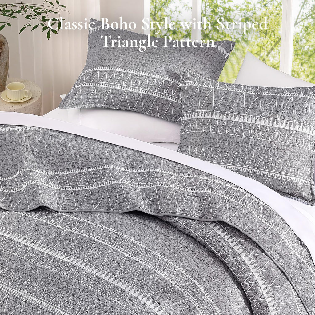Quilts Queen Grey, 3 Pieces Queen Quilt Bedding Set Boho Lightweight Soft Striped Bedspread for All Season (90"x96")