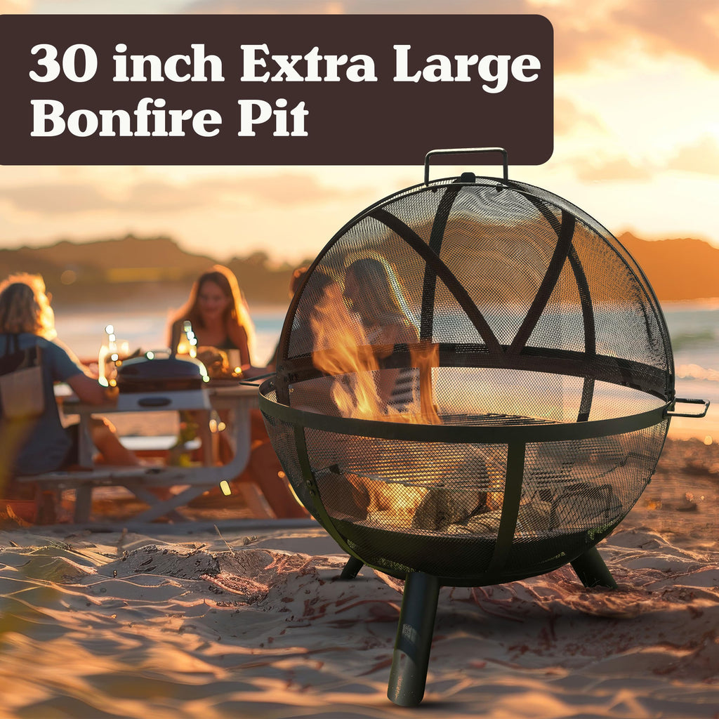 Outdoor Fire Pit Sphere with Grill for Barbequing, 30"