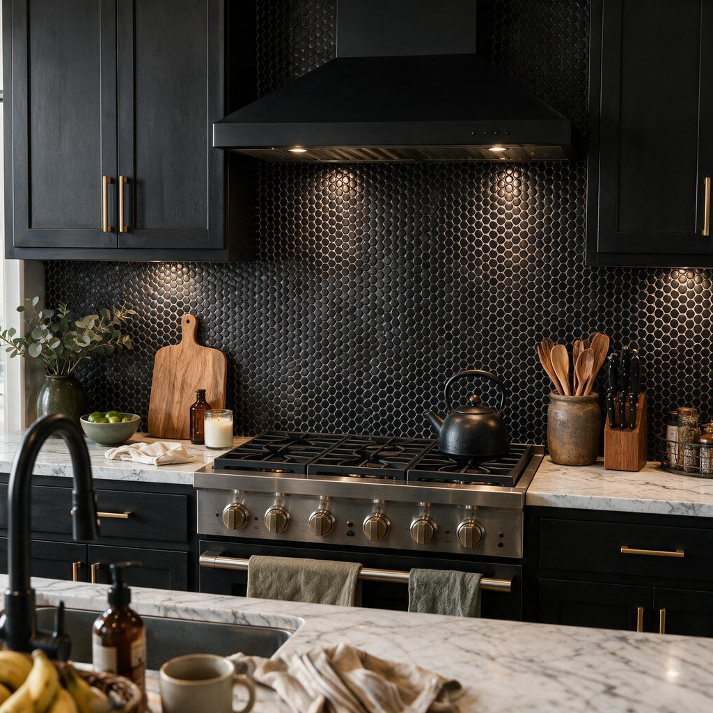 Black Metal Kitchen Backsplash Tile Penny Round Mosaics Tile, Mesh Backing