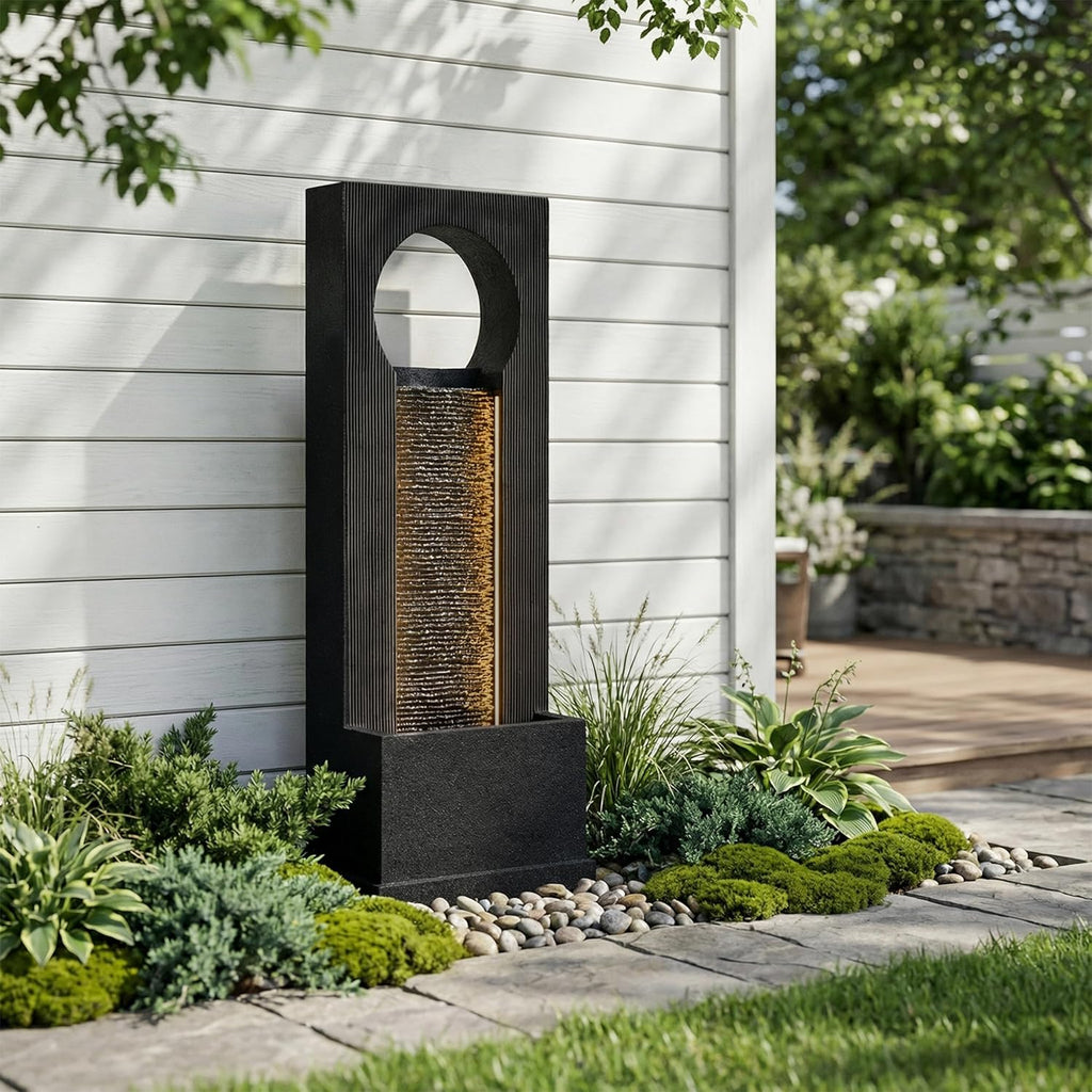 40-Inch Modern Outdoor Water Fountain, Large Floor Standing Resin Outdoor Fountain with LED Lights