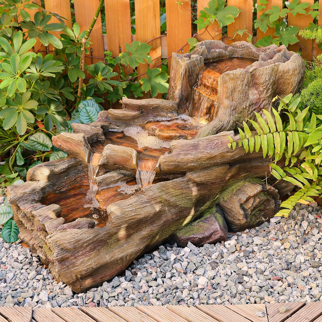 34.5" L Garden Outdoor Water Fountain, Floor Standing Wood Imitation Resin Natural Waterfall Fountains with LED Lights