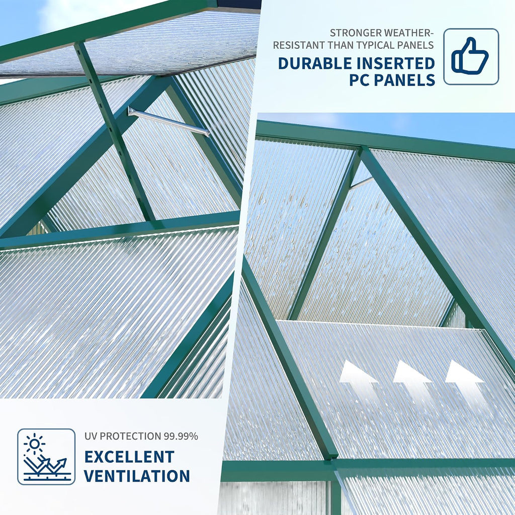 Polycarbonate Greenhouse for Outdoors, Large Walk-InGreenhouse with Quick Setup Structure and Roof Vent, Greenhouse