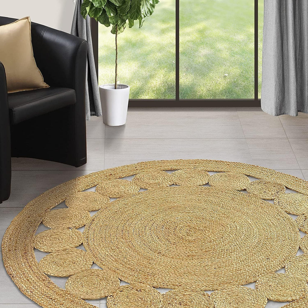 Jute Area Rug 7 ft Round Natural Hand Woven Farmhouse Rustic Charm