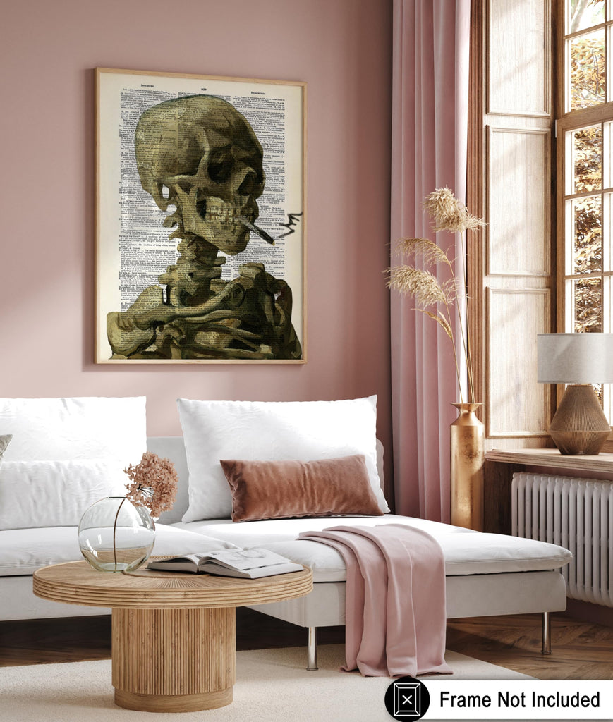 Master Dictionary Art Poster - Retro Skull of a Skeleton with Burning Cigarette Print - Gift for Men, Women