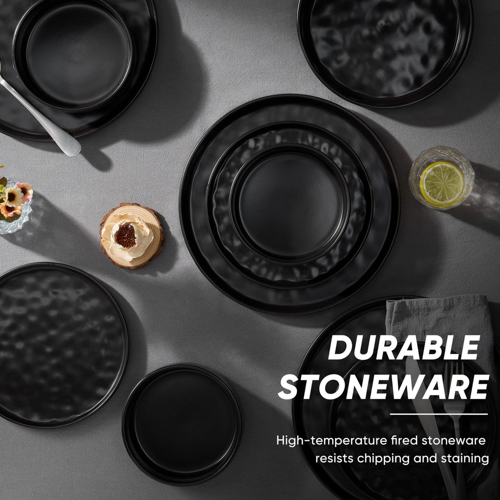 Black Plates and Bowls Sets, 24-Piece Stoneware Dinnerware Set for 6