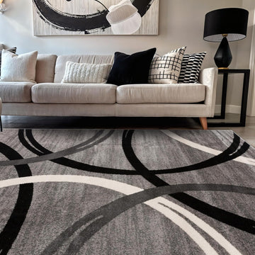 Wavy Circles Design Area Rug, Fade-Resistant Carpet for Living Room, Dining Room, or Bedroom, Gray, 5'3" x 7'3"