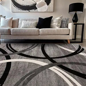 Wavy Circles Fade-Resistant Living Room Area Rug Gray 5'3" x 7'3"