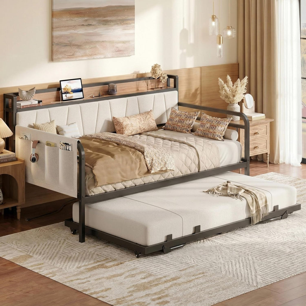 Twin Daybed, Day Bed Frame with Pop Up Trundle, Wood/Beige | Pop Up Trundle Bed with Smooth Wheels, Charging Station