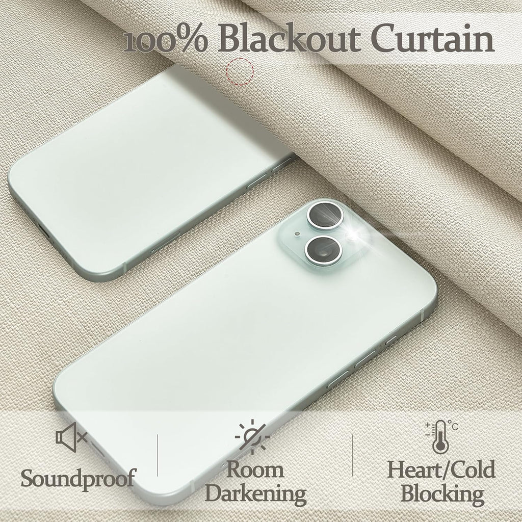 Thick Linen Sand Beige Black Out Curtains 96 Inch Long, Elegant Pinch Pleated Room Darkening Cream Curtain & Drapes
