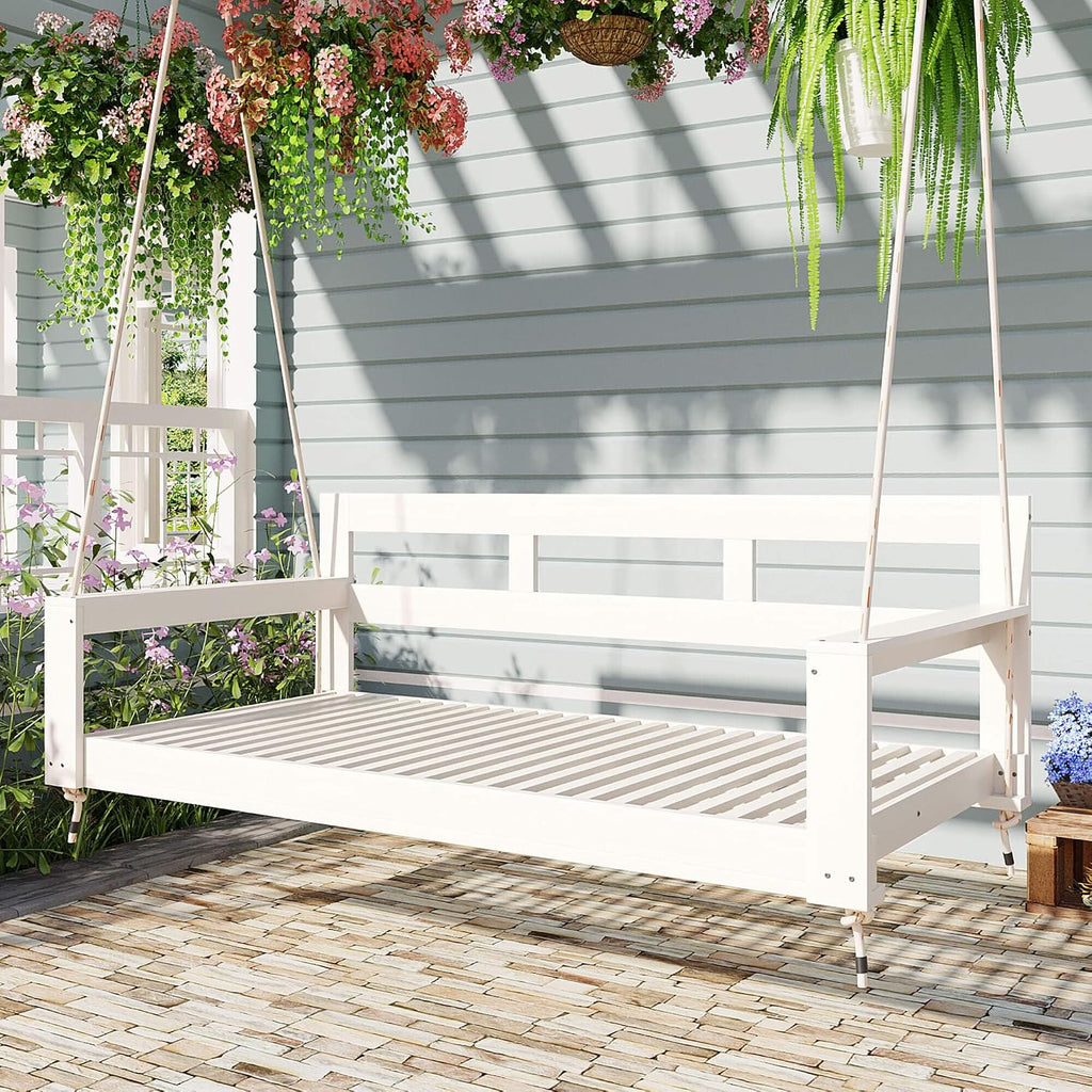 Twin Size Wooden Porch Swing Bed with 4 Heavy Duty Ropes, Outdoor Hanging Daybed Swing Bench Backyard Garden, Acacia