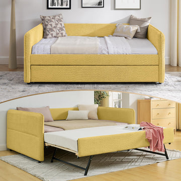 Twin Size Daybed with Pop Up Trundle, Boucle Upholstered Daybed with Trundle, Twin Size Sofa Bed with Tufted Design