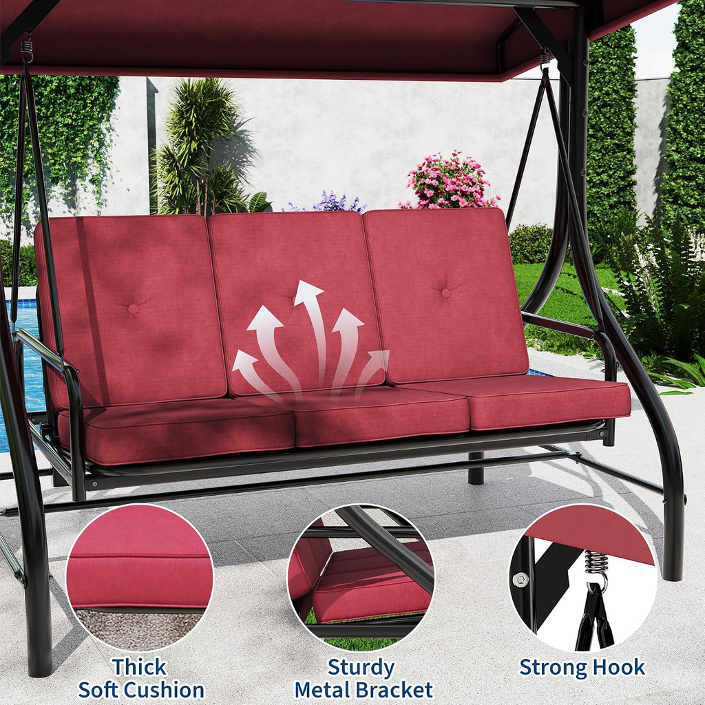 3-Seat Patio Porch Swing with Stand, Convertible Outdoor Swing Bed with Adjustable UV-Resistant Waterproof Canopy