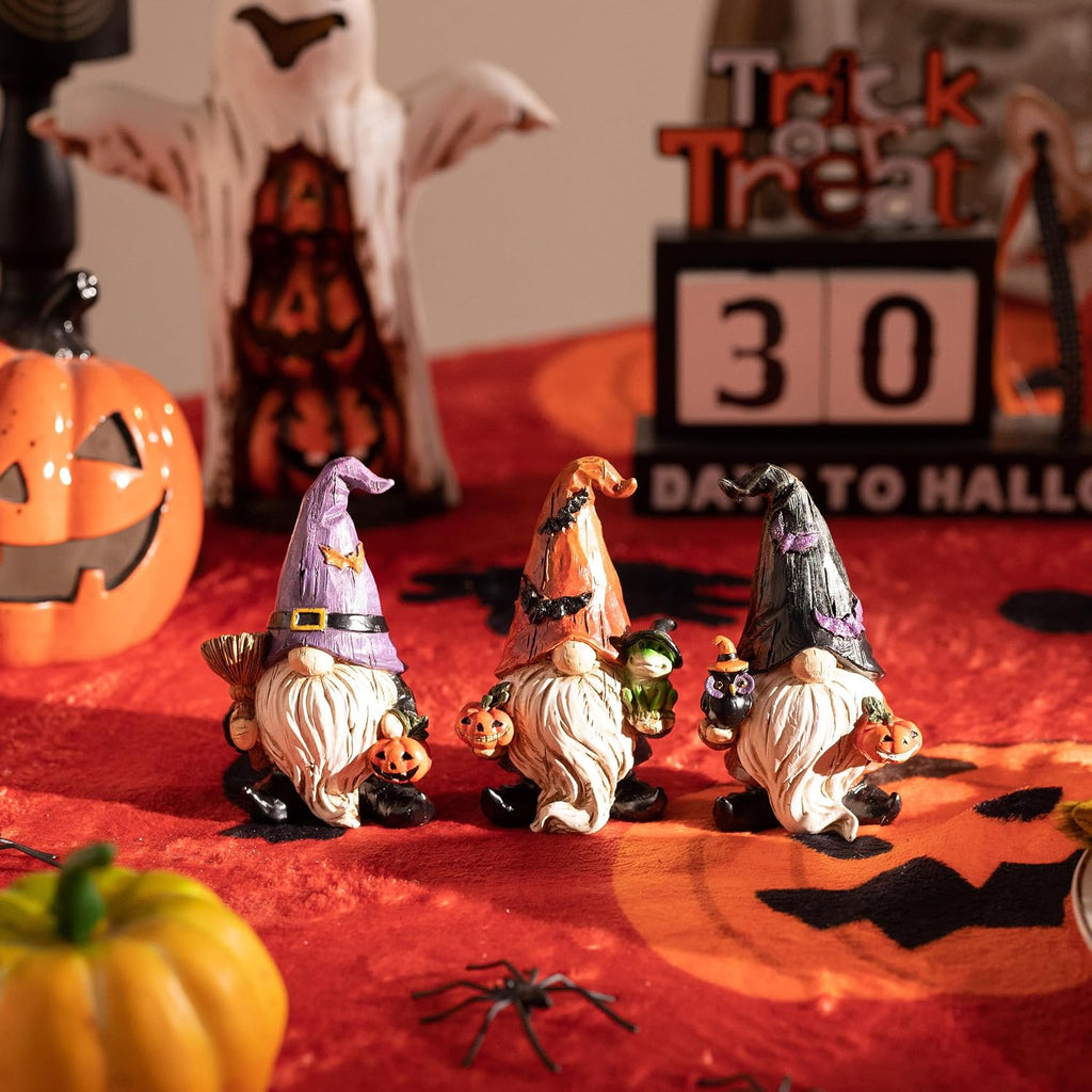 Gnomes Halloween Decorations Indoor, Resin Gnome Decor with Bat Witch Hat, Halloween Figurines Elf Dwarf - Set of 3