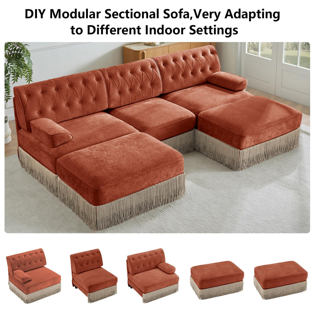 Luxury 106.1" U-Shaped Sofas with Tassel, Modular Sectional Velvet Terracotta 3 Seater Sofa Couch with