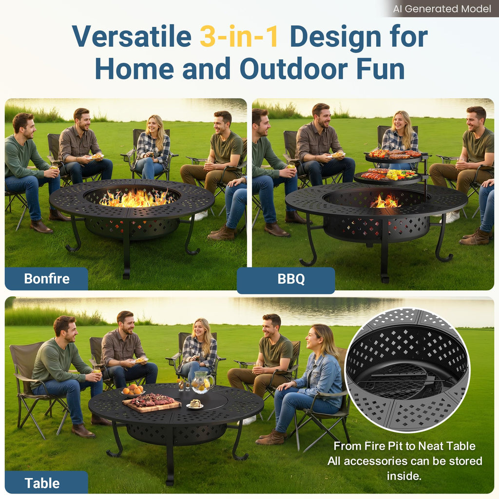 48" Large Fire Pit for Outside with 2 Adjustable Grills, Lid & Fire Poker